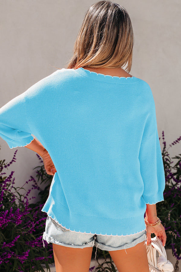 KaleaBoutique Comfortable Big Ribbon Bow Print Contrast Stitch Trim Drop Shoulder Sweater - KaleaBoutique.com