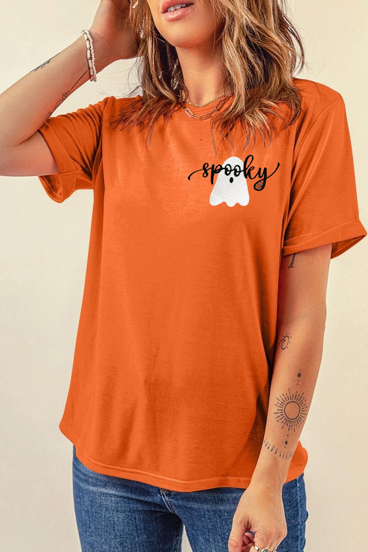 Orange Embroidered Spooky Ghost Halloween Graphic Tee - KaleaBoutique.com