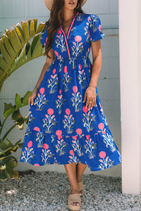 Floral Puff Short Sleeve V Neck High Waist Maxi Dress - KaleaBoutique.com