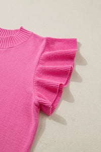 KaleaBoutique Stylish Solid Color Ribbed Trim Round Neck Ruffle Short Sleeve Sweater - KaleaBoutique.com