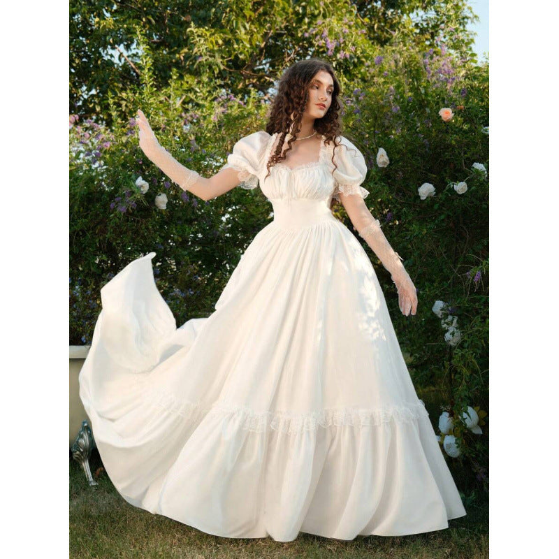 Women's Floral Puff-Sleeve Lace-Trim Ruffle-Hem Maxi Dress - KaleaBoutique.com