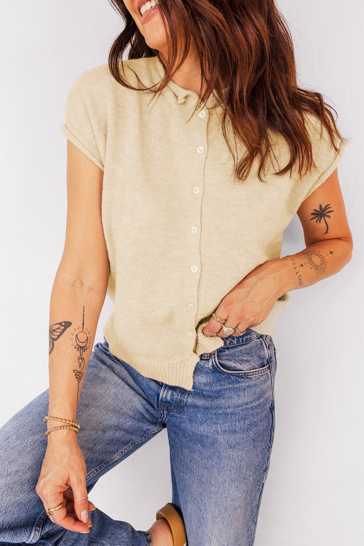 KaleaBoutique Stylish Buttoned Front Rolled Hem Cap Sleeve Sweater Top - KaleaBoutique.com