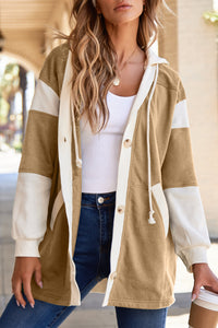 Waffle Contrast Knit Color Block Patchwork Button Front Oversize Hoodie - KaleaBoutique.com