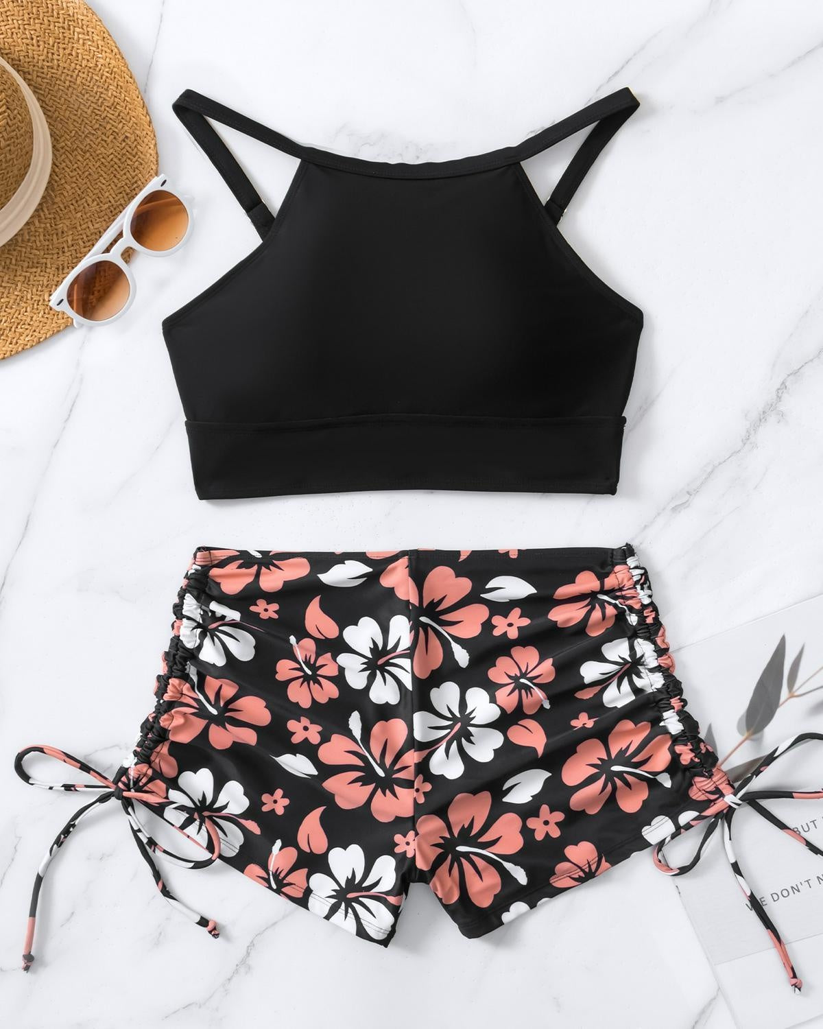 Women's High-Neck Swim Top and Floral Side-Tie Shorts 2 PC Tankini Set - KaleaBoutique.com