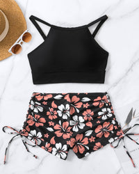Women's High-Neck Swim Top and Floral Side-Tie Shorts 2 PC Tankini Set - KaleaBoutique.com