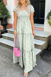 KaleaBoutique Comfortable Floral Short Bubble Sleeve Shirred High Waist Maxi Dress - KaleaBoutique.com