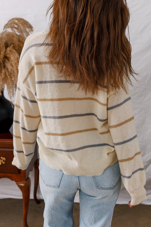 KaleaBoutique Comfortable Striped Buttoned Front V Neck Drop Shoulder Cardigan Sweater - KaleaBoutique.com