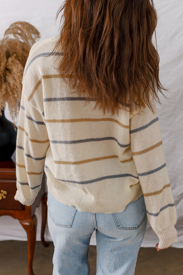 KaleaBoutique Comfortable Striped Buttoned Front V Neck Drop Shoulder Cardigan Sweater - KaleaBoutique.com