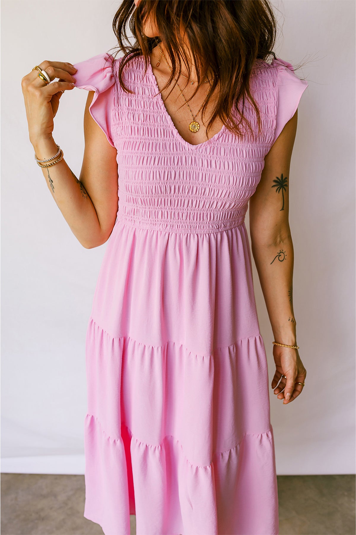 Smocked Bodice Flutter Sleeve Fit Flare Tiered Midi Dress - KaleaBoutique.com