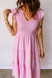 Smocked Bodice Flutter Sleeve Fit Flare Tiered Midi Dress - KaleaBoutique.com