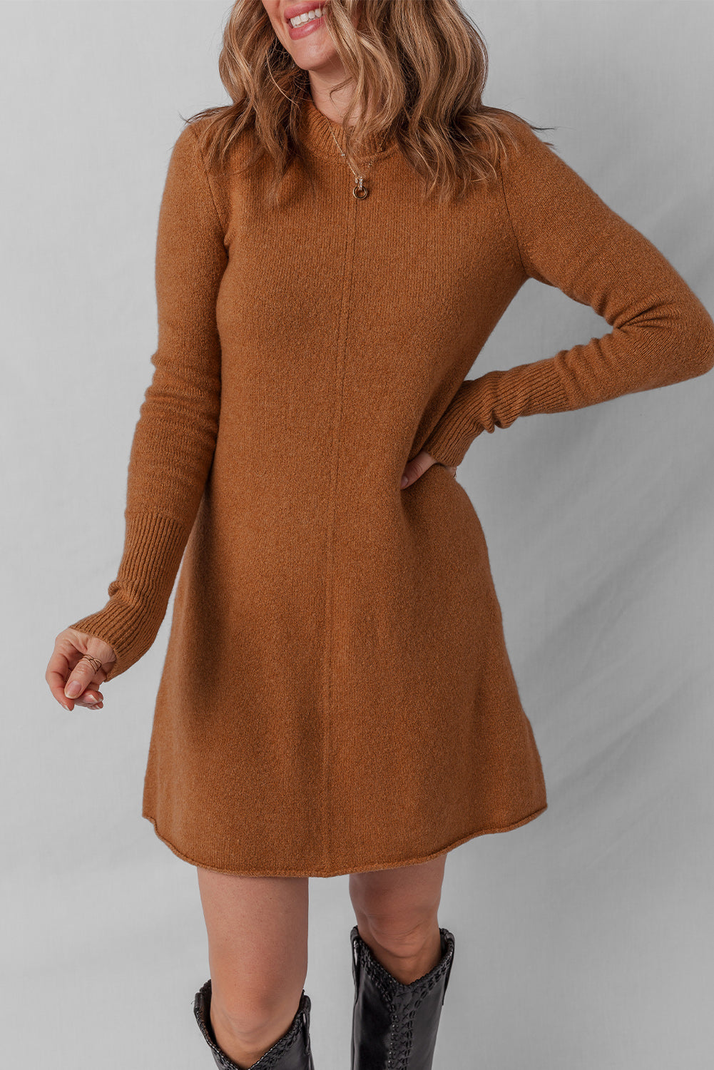 KaleaBoutique Stylish Ribbed Detail Solid Color Mini Sweater Dress - KaleaBoutique.com