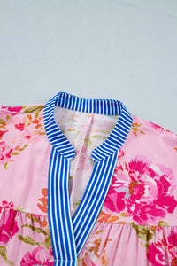 KaleaBoutique Stylish Floral Striped Patchwork Trim Half Sleeve Mini Dress - KaleaBoutique.com