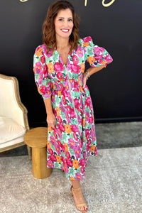KaleaBoutique Stylish Vibrant Floral Print V Neck Zip Up Puffy Half Sleeve Dress - KaleaBoutique.com