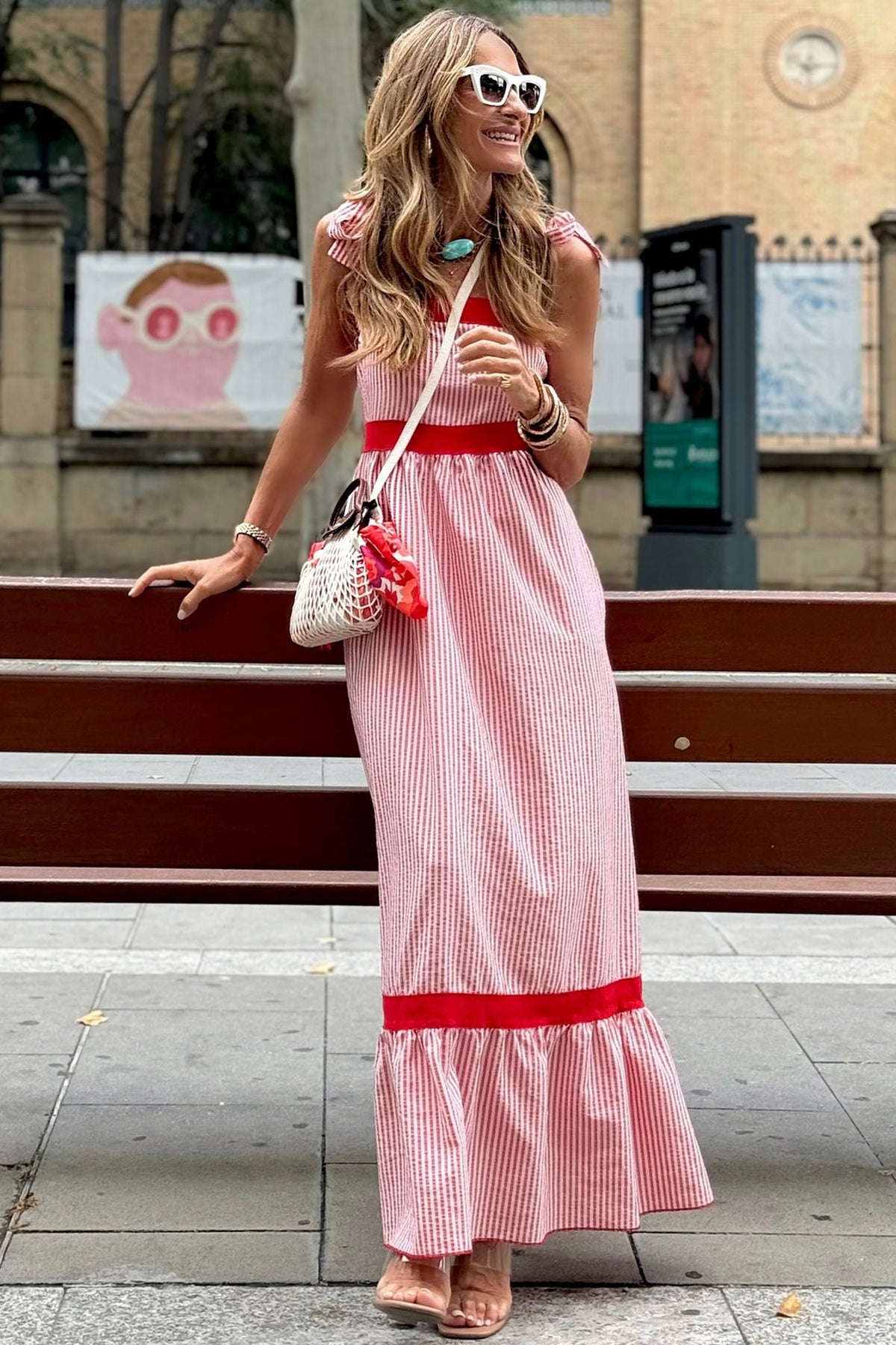 KaleaBoutique Stylish Bow Knot Straps Contrast Trim High Waist Ruffle Hem Maxi Dress - KaleaBoutique.com
