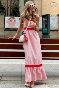 KaleaBoutique Stylish Bow Knot Straps Contrast Trim High Waist Ruffle Hem Maxi Dress - KaleaBoutique.com