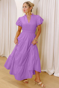 KaleaBoutique Stylish Solid Color V Neck Short Puff Sleeve High Waist Tiered Maxi Dress - KaleaBoutique.com