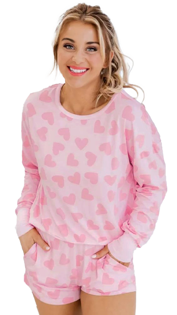 KaleaBoutique Comfortable Valentine Heart Shape Print Long Sleeve Top Shorts Lounge Set - KaleaBoutique.com
