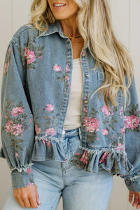 Floral Print Raw Seam Ruffle Hem Denim Jacket - KaleaBoutique.com
