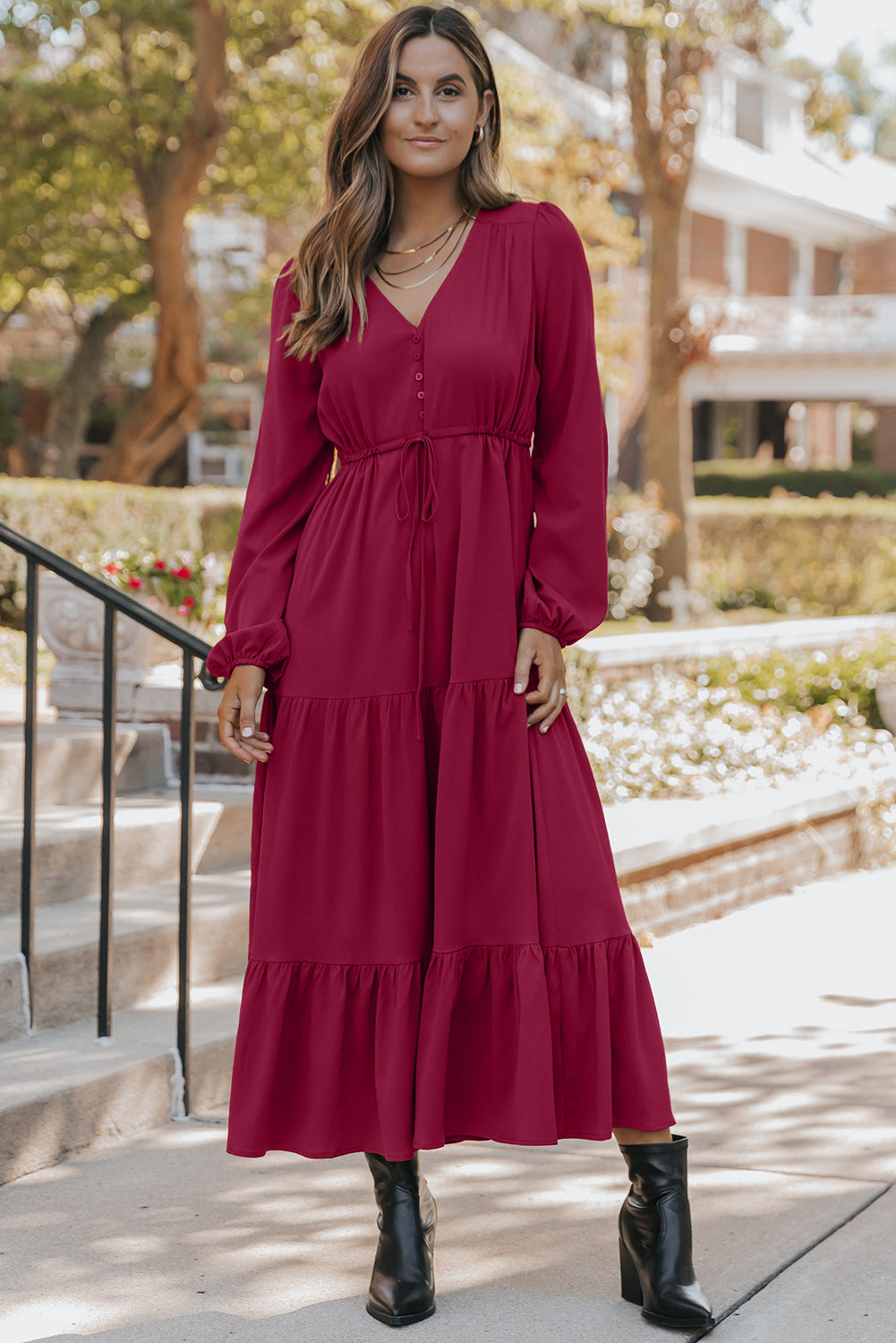 Solid Long Sleeve Button V Neck Tiered Maxi Dress - KaleaBoutique.com