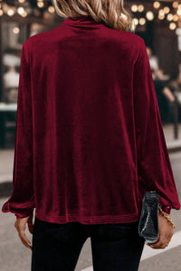 KaleaBoutique Stylish Asymmetric Button Keyhole Neck Long Sleeve Velvet Blouse - KaleaBoutique.com