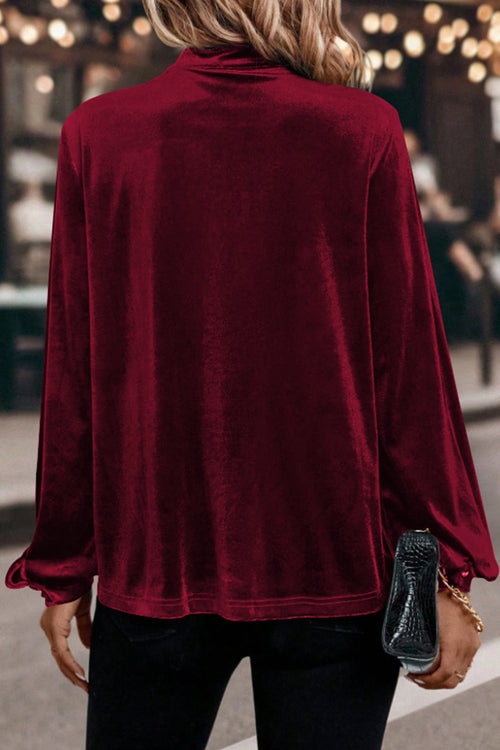 KaleaBoutique Stylish Asymmetric Button Keyhole Neck Long Sleeve Velvet Blouse - KaleaBoutique.com