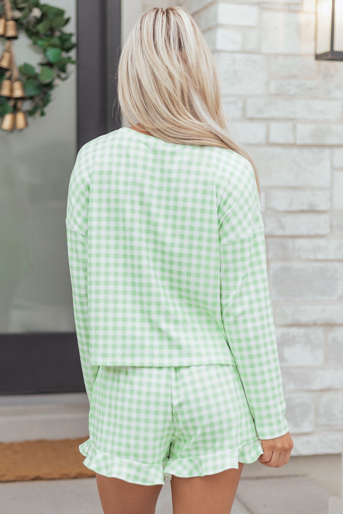 KaleaBoutique Stylish Gingham Long Sleeve Loose Top Drawstring Shorts 2pcs Lounge Set - KaleaBoutique.com