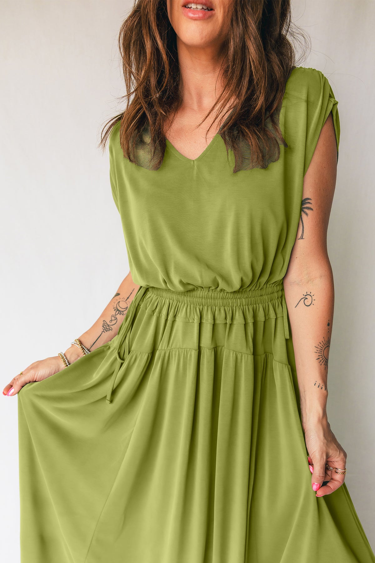 KaleaBoutique Comfortable Solid V Neck Cap Sleeve Tunic Elastic Waist Versatile Maxi Dress - KaleaBoutique.com