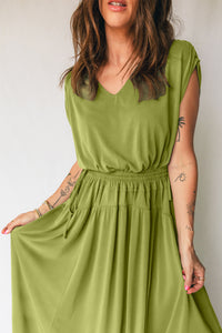 KaleaBoutique Comfortable Solid V Neck Cap Sleeve Tunic Elastic Waist Versatile Maxi Dress - KaleaBoutique.com