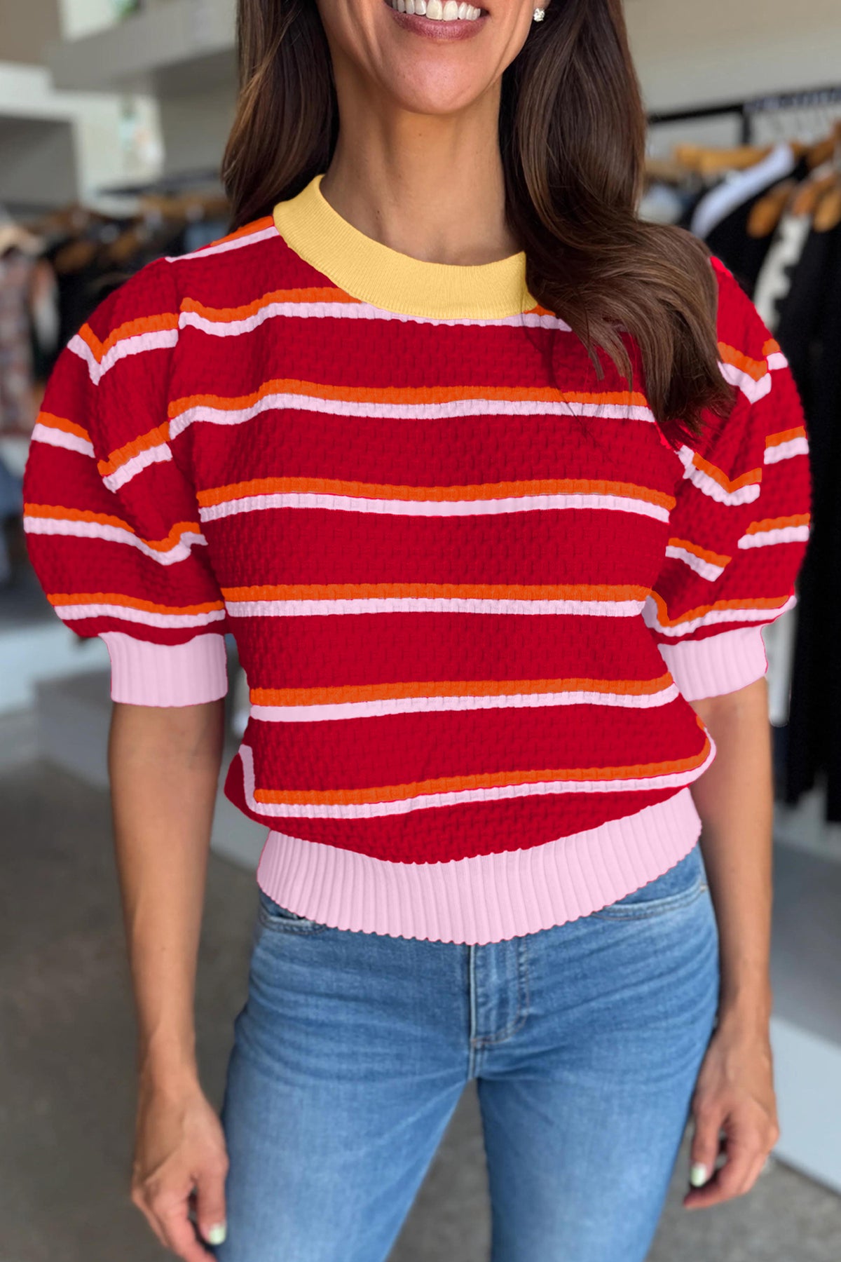 KaleaBoutique Stylish Colorblock Trim Half Sleeve Sweater Top - KaleaBoutique.com