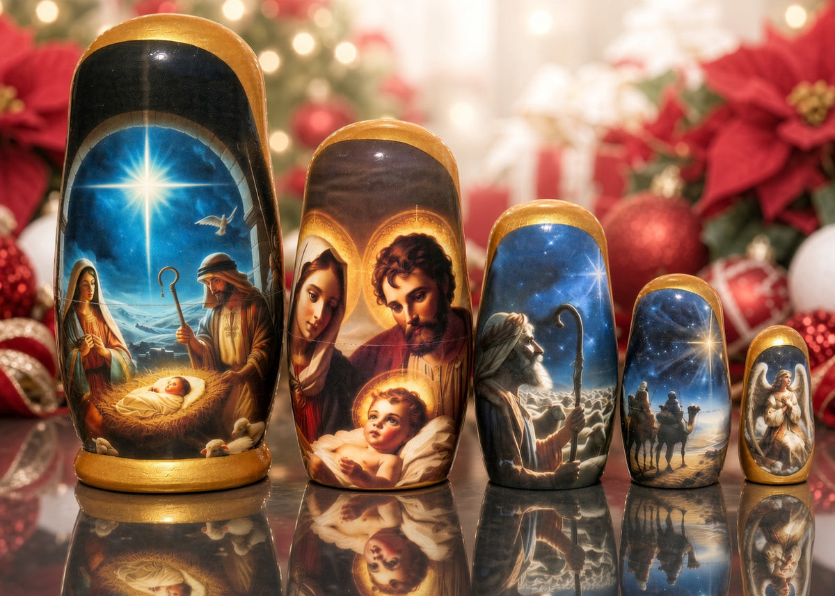 Traditional Realism Style Nativity Nesting Doll, 5 Piece Hand Crafted Nested Doll - KaleaBoutique.com