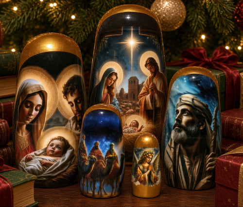 Traditional Impressionism Style Nativity Nesting Doll, 5 Piece Hand Crafted Nested Doll