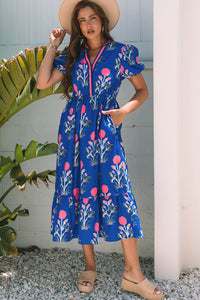 Floral Puff Short Sleeve V Neck High Waist Maxi Dress - KaleaBoutique.com