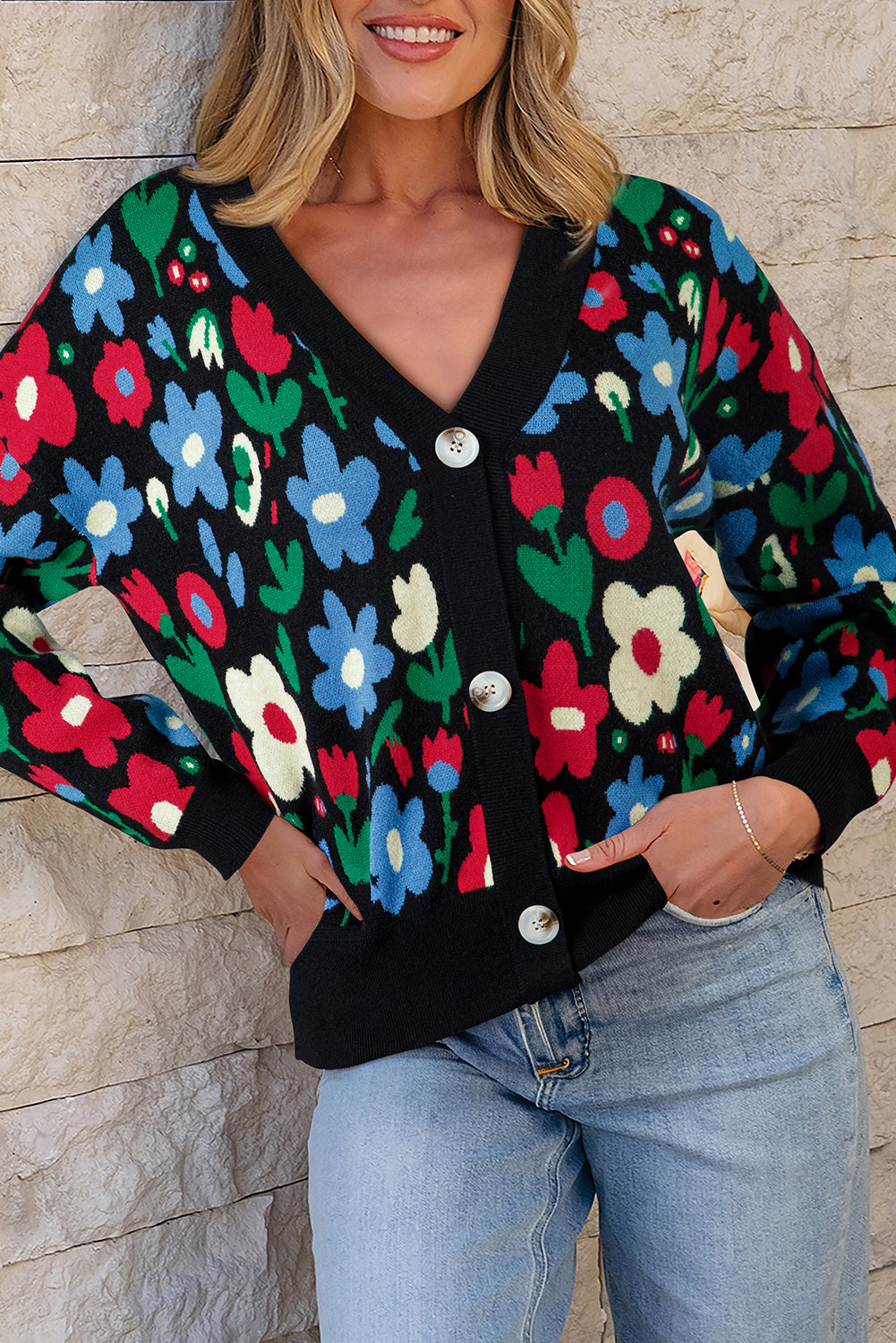 KaleaBoutique Stylish Floral Print V Neck Buttoned Short Cardigan Sweater - KaleaBoutique.com