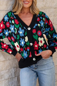 KaleaBoutique Stylish Floral Print V Neck Buttoned Short Cardigan Sweater - KaleaBoutique.com