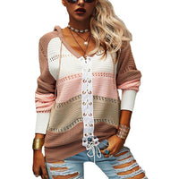 Women's Color Block V-Neck Lace-Up Front Hooded Cardigan - KaleaBoutique.com