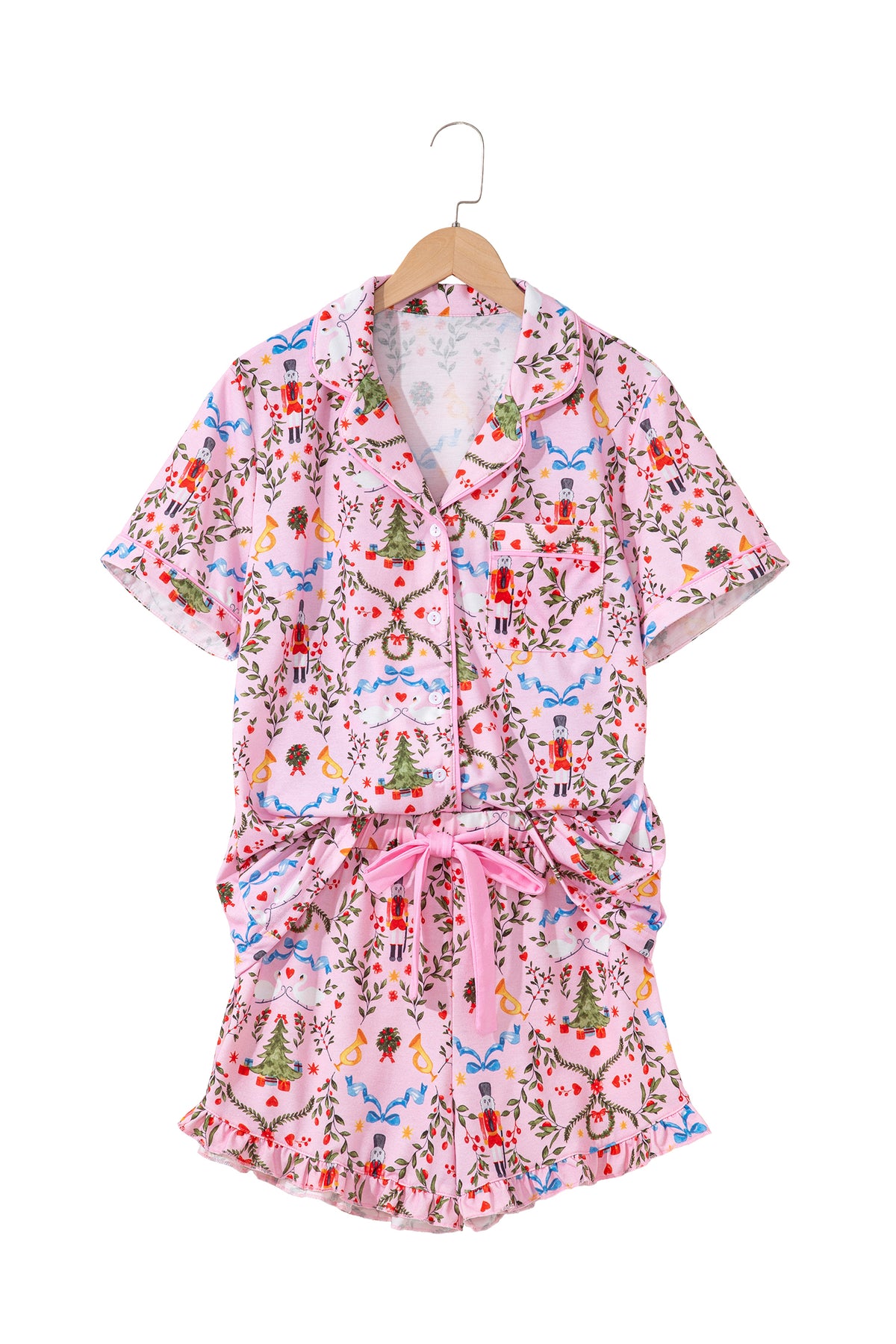 KaleaBoutique Comfortable Nutcracker Doll Christmas Print Ribbon Tie Waist Short 2pcs Pajama Set - KaleaBoutique.com