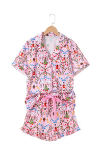 KaleaBoutique Comfortable Nutcracker Doll Christmas Print Ribbon Tie Waist Short 2pcs Pajama Set - KaleaBoutique.com