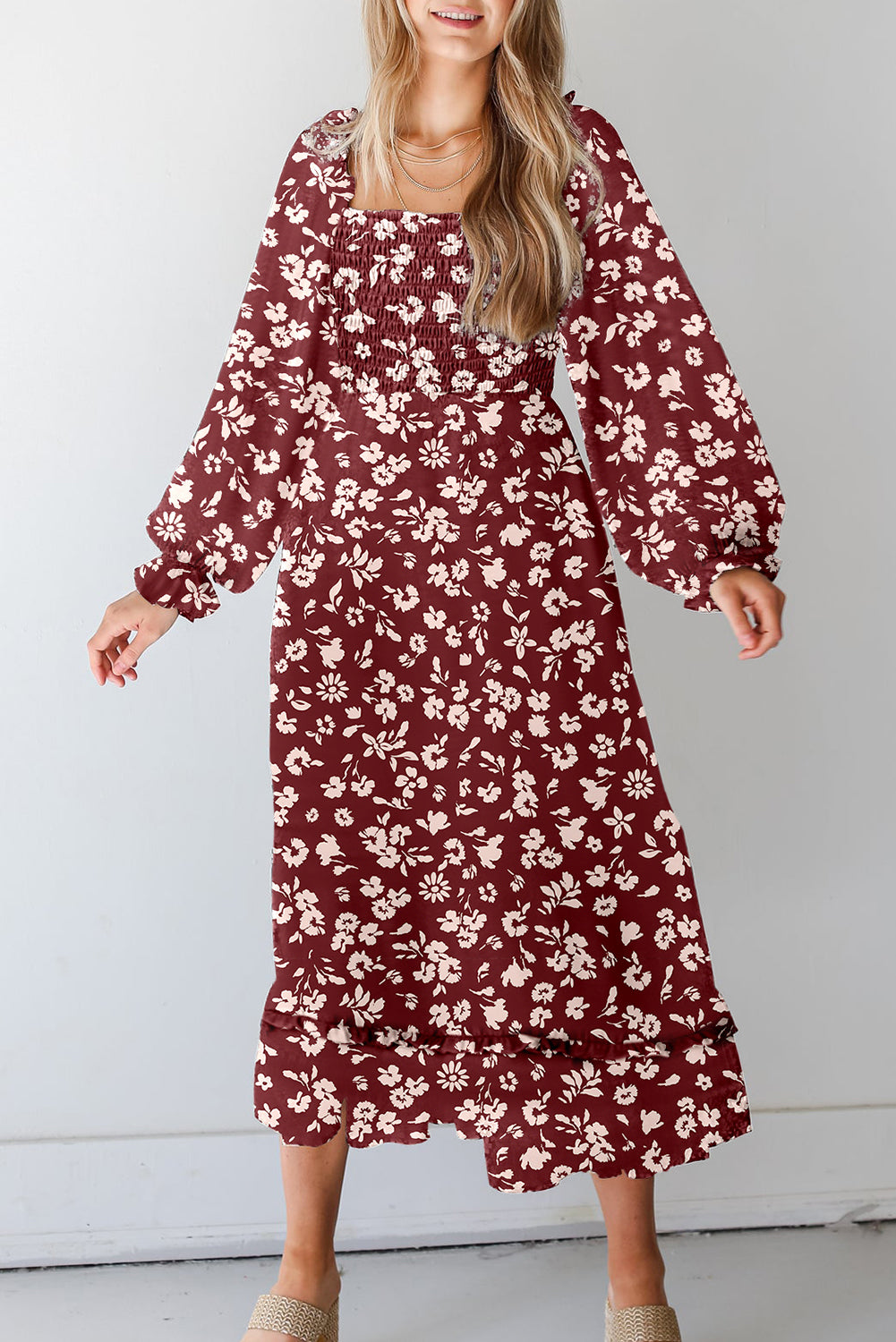 KaleaBoutique Comfortable Floral Print Long Sleeve Square Neck Smocked Maxi Dress - KaleaBoutique.com