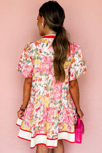 KaleaBoutique Stylish Color Block Floral Print Contrast Trim V Neck Ruffle Hem Mini Dress - KaleaBoutique.com