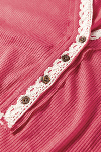 Ribbed Texture Contrasted Lace Trim Button V Neck Long Sleeve Top - KaleaBoutique.com