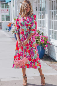 KaleaBoutique Stylish Vibrant Floral Print V Neck Zip Up Puffy Half Sleeve Dress - KaleaBoutique.com