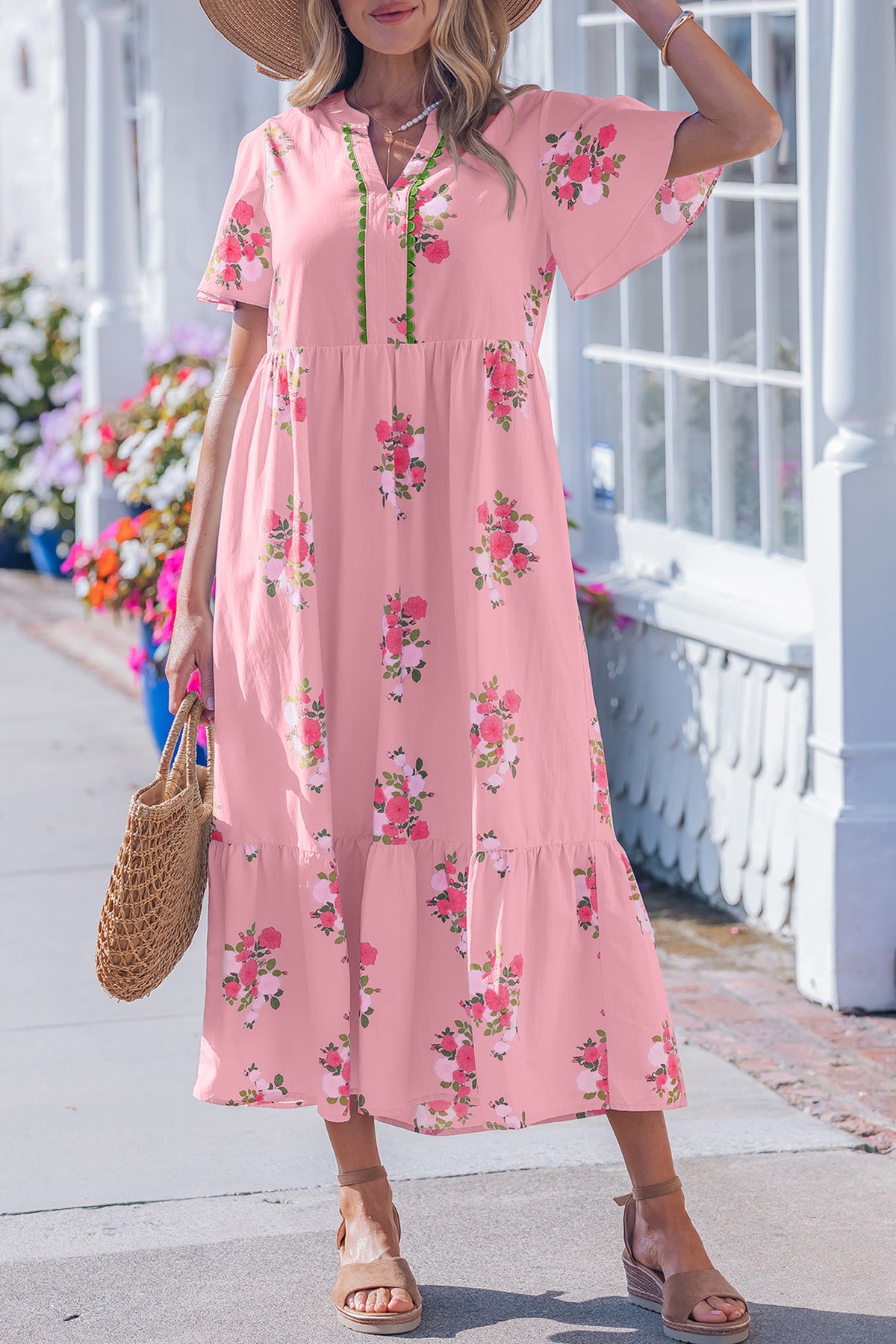 KaleaBoutique Comfortable Notched Neck Flutter Short Sleeve Floral Print Maxi Dress - KaleaBoutique.com