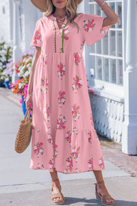 KaleaBoutique Comfortable Notched Neck Flutter Short Sleeve Floral Print Maxi Dress - KaleaBoutique.com