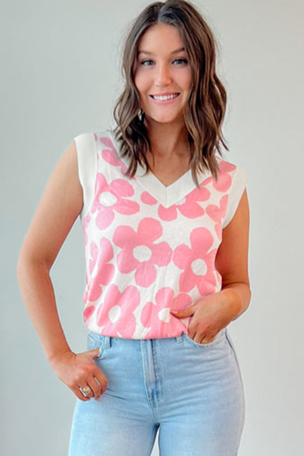 Cute Flower Knitted V Neck Tank Top - KaleaBoutique.com