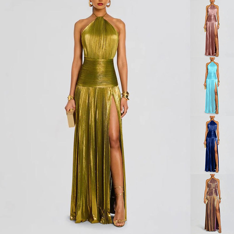 Women's Metallic-Look Pleated Halter-Neck Slit Maxi Dress - KaleaBoutique.com