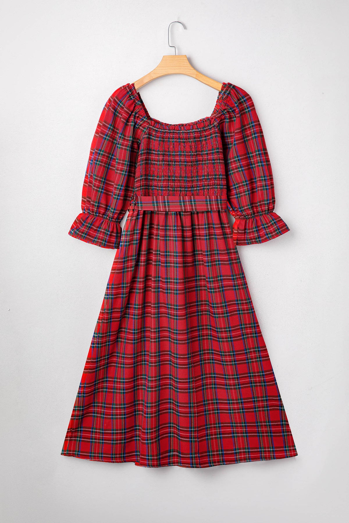 KaleaBoutique Stylish Plaid Square Neck Puff Sleeve Knot Waist Flared Midi Dress - KaleaBoutique.com