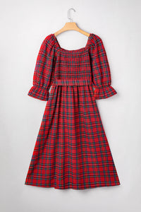 KaleaBoutique Stylish Plaid Square Neck Puff Sleeve Knot Waist Flared Midi Dress - KaleaBoutique.com