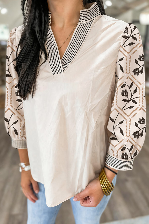 KaleaBoutique Stylish Floral Puff Sleeve Contrast V Neck Patchwork Blouse - KaleaBoutique.com
