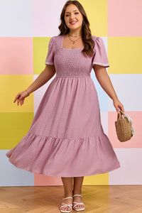 Pink Plus Size Swiss Dot Smocked Midi Dress - KaleaBoutique.com