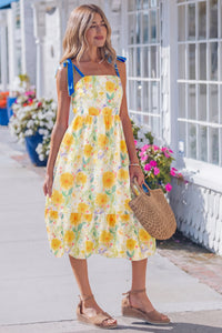 KaleaBoutique Comfortable Floral Print Contrast Stitched Knot Denim Straps High Waist Dress - KaleaBoutique.com